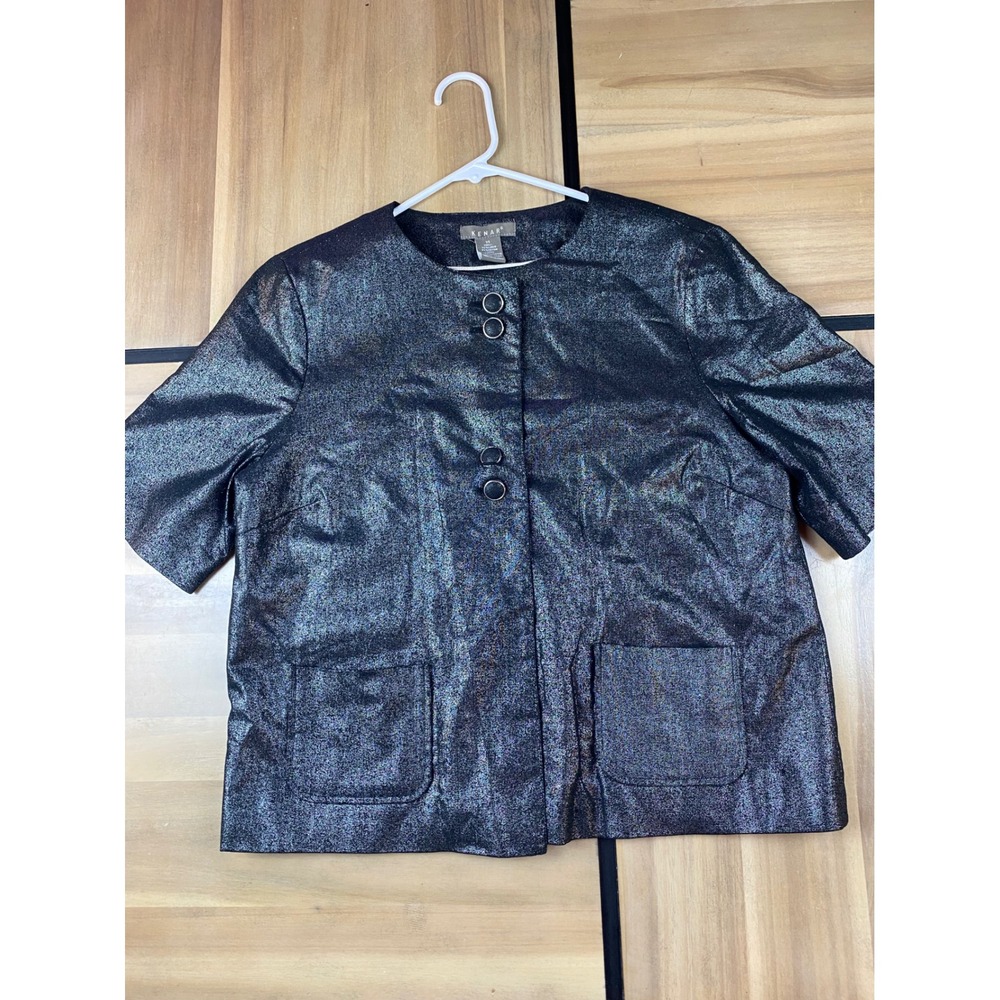 Kenar Metallic Shimmer Jacket Women's Short Sleeve Button Up Party Top